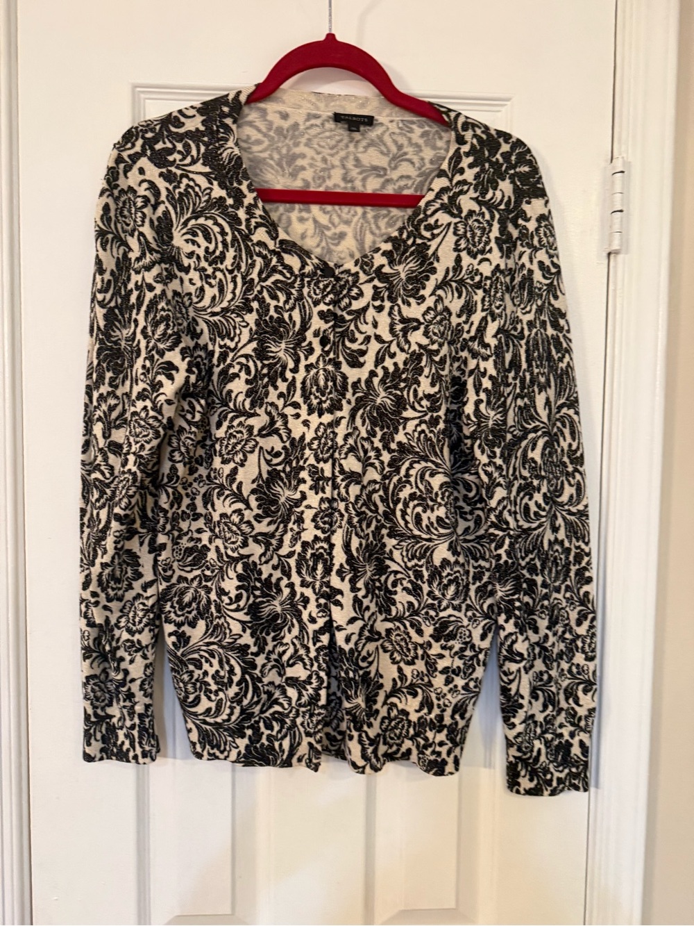 Talbots Black and Cream Floral V-Neck Cardigan